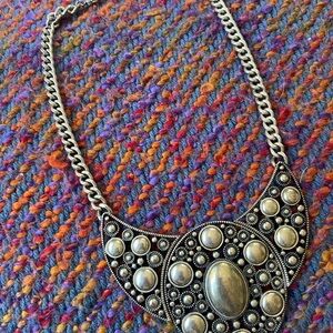 Vintage Silver Bib Necklace with heavy chain